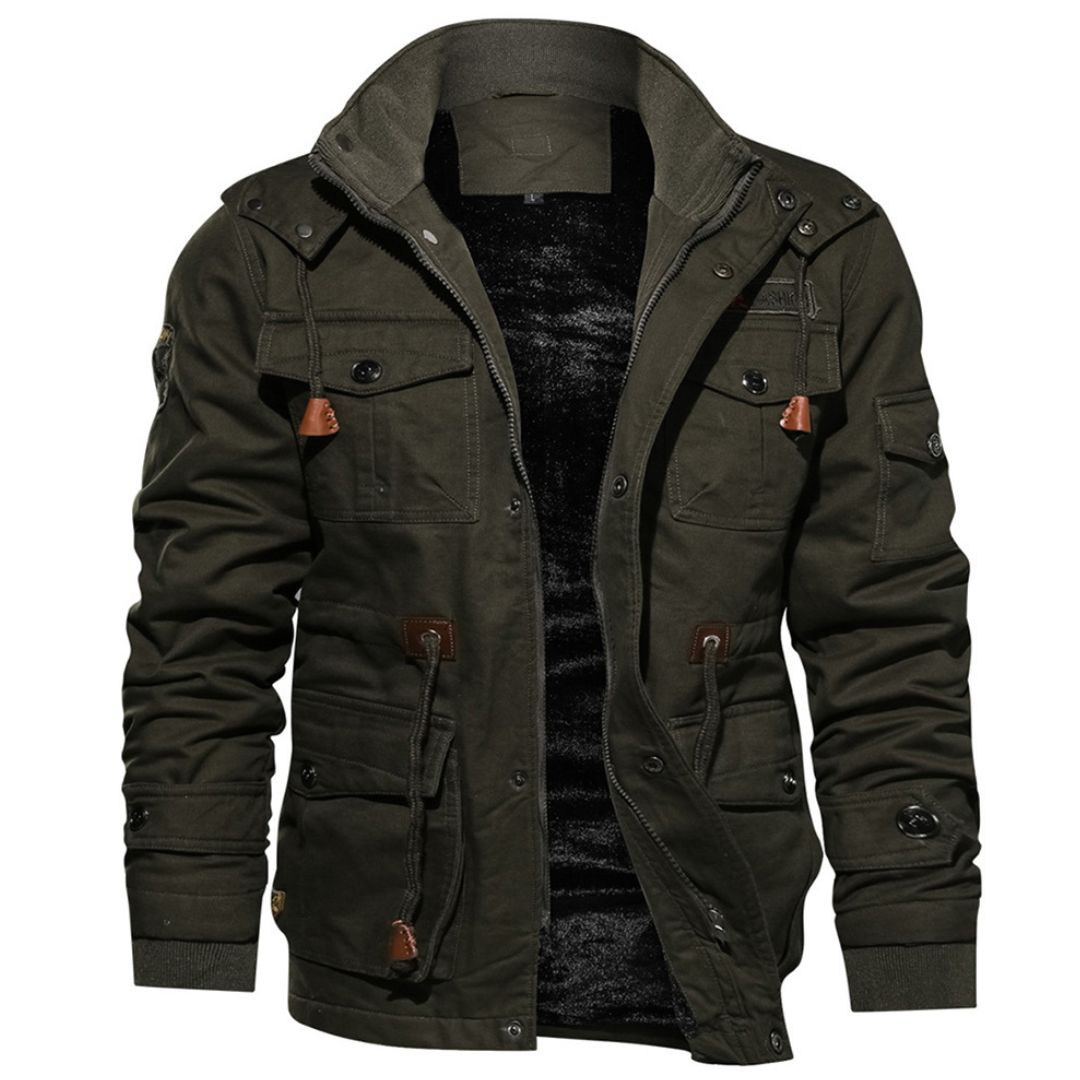 Men's fleece-lined hooded cargo jacket, windproof winter coat with detachable hood in rugged style