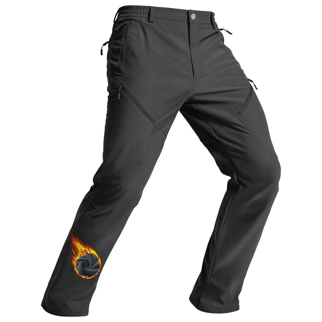 Men's black fleece-lined waterproof hiking pants, slim athletic cut with windproof shell for winter