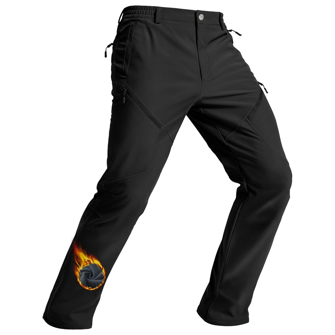 Men's dark waterproof fleece-lined hiking pants, slim athletic cut with windproof exterior for winter
