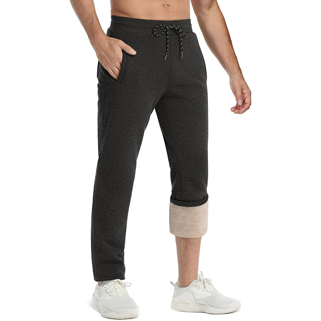 Men's gray sherpa lined fleece joggers warm thickened sweatpants for cold weather outdoor use