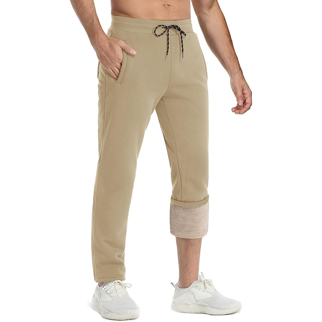 Men's gray sherpa lined fleece joggers, warm thickened sweatpants with stretch for cold weather