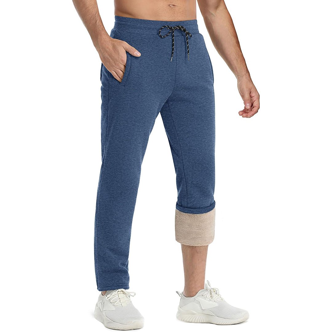 Men's gray sherpa fleece-lined joggers warm thickened sweatpants cold weather outdoor stretch fit
