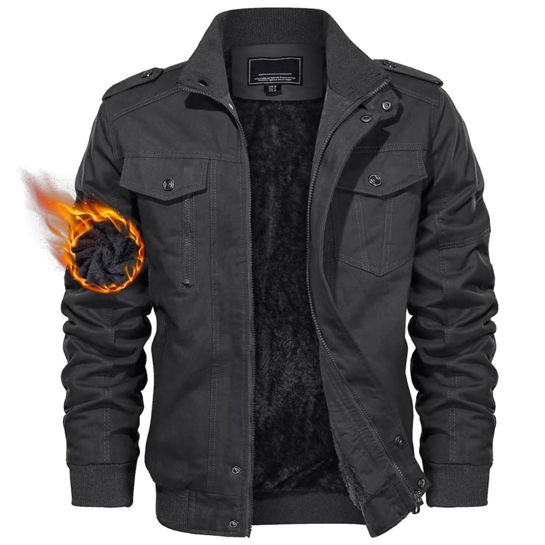 Men's black cotton bomber jacket windproof stand collar multi-pocket utility winter outerwear