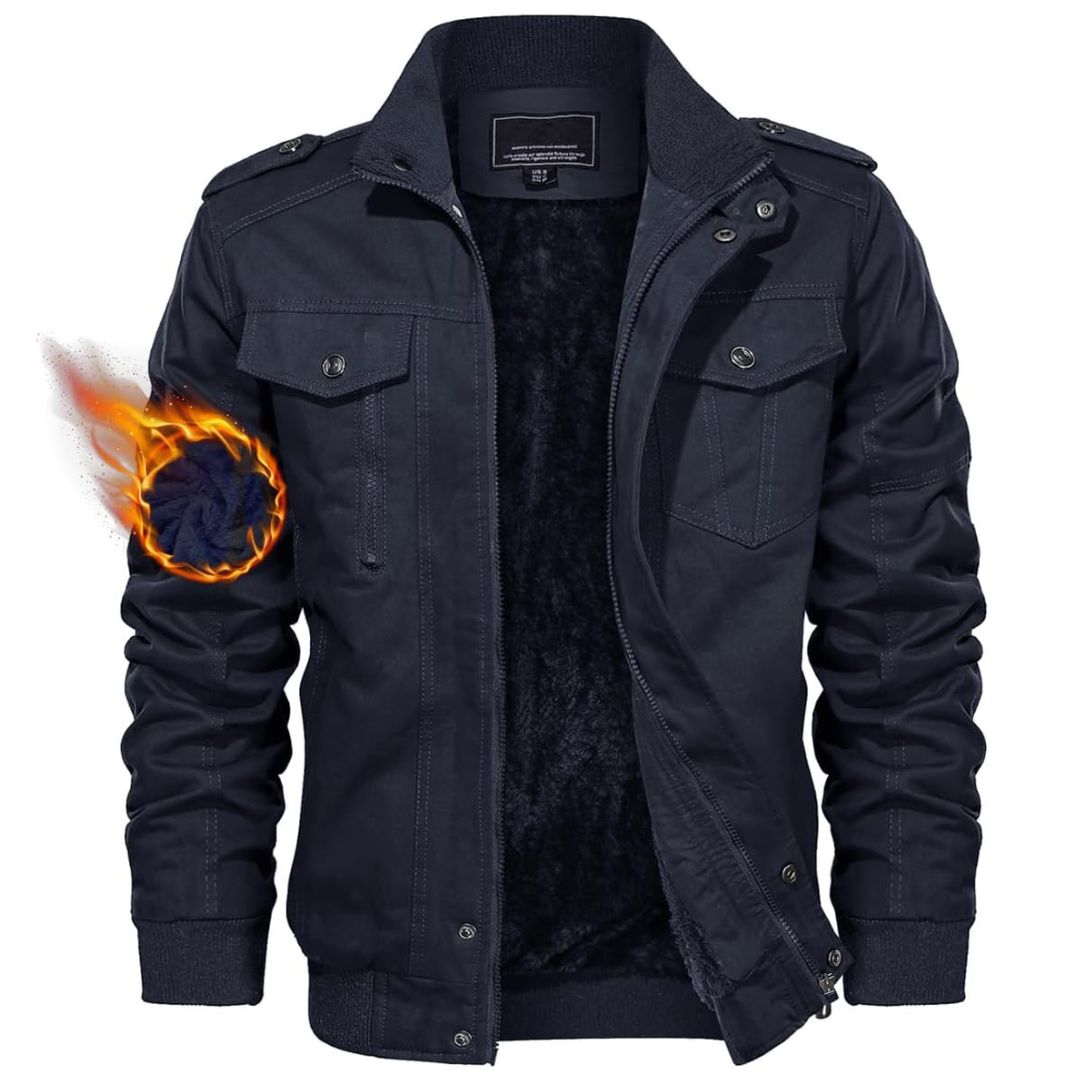 Men's cotton bomber jacket windproof stand collar multi-pocket utility winter outerwear