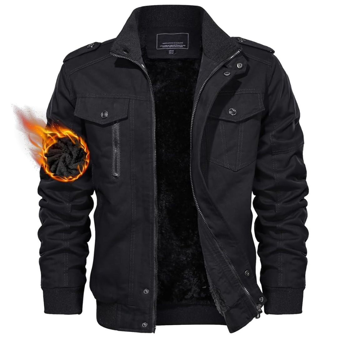 Men's cotton bomber jacket windproof stand collar multi-pocket utility winter outerwear