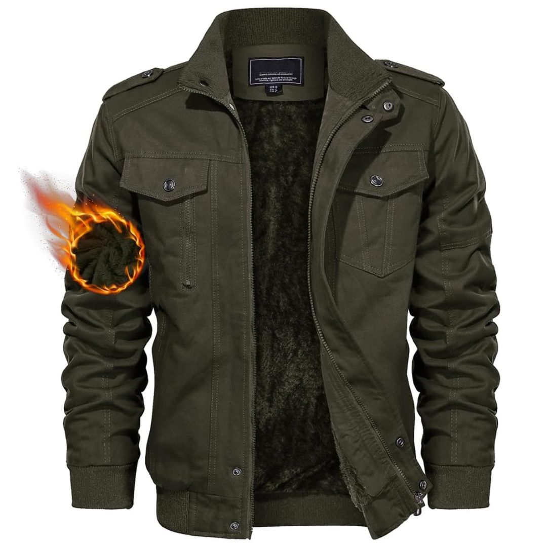Men's olive cotton bomber jacket windproof stand collar multi-pocket utility winter coat