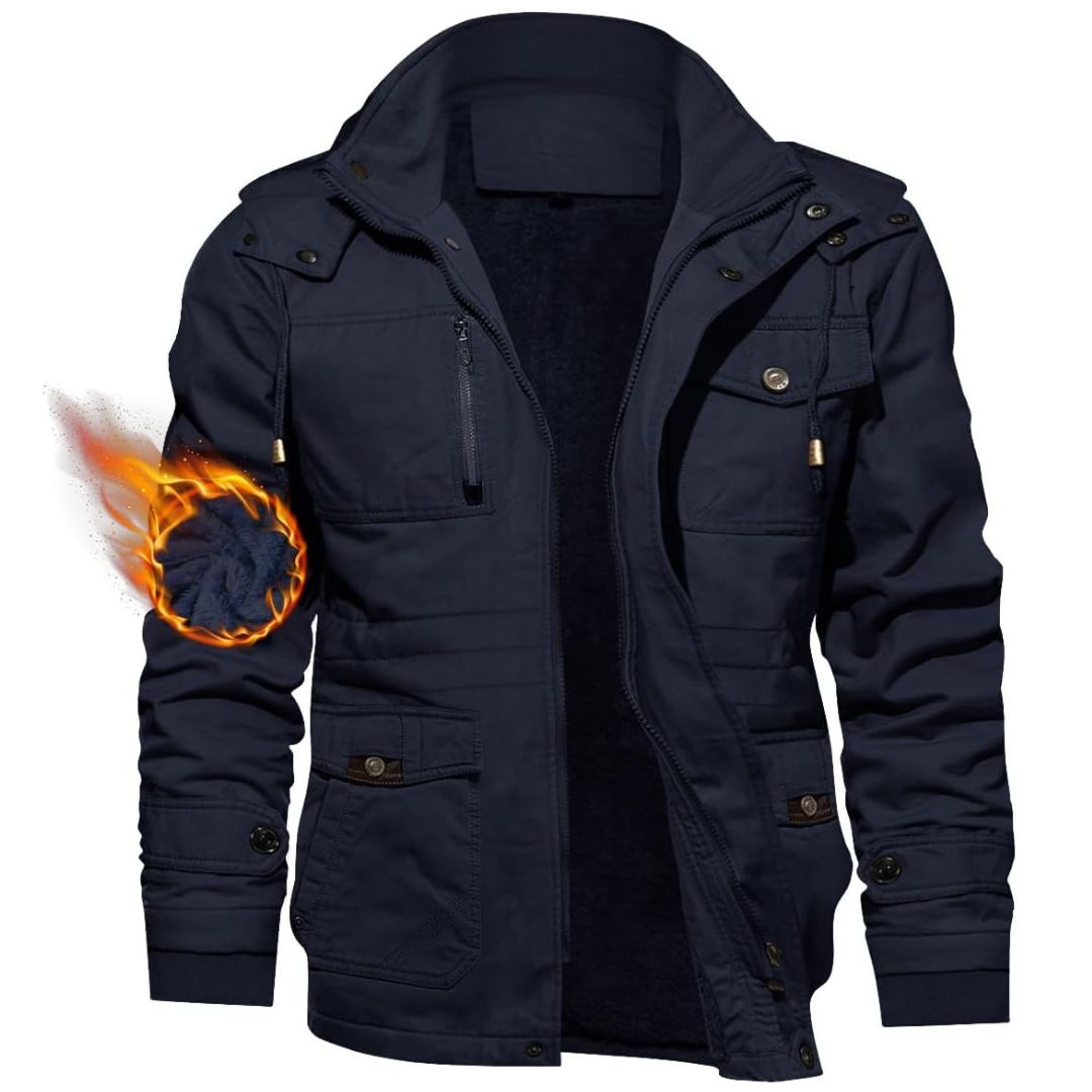 Men's fleece-lined windproof winter jacket with detachable hood and cargo pockets for outdoor warmth