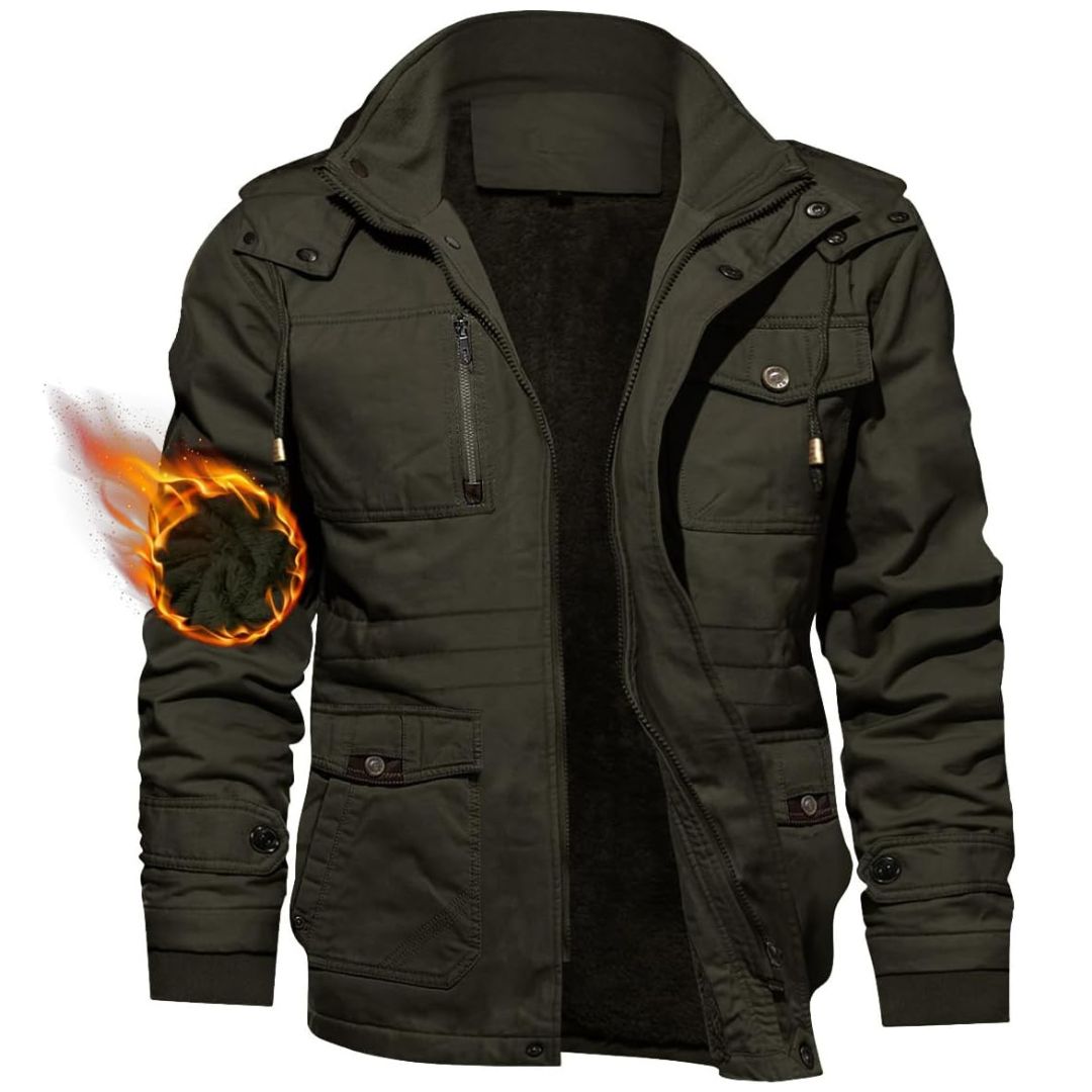 Men's fleece-lined windproof winter jacket with detachable hood and cargo pockets for outdoor warmth