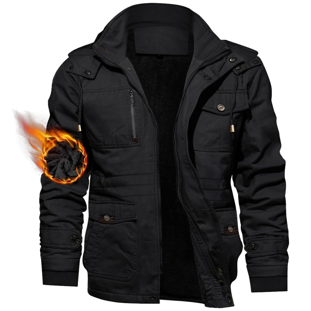 Men's fleece-lined windproof winter jacket with detachable hood and cargo pockets for outdoor warmth