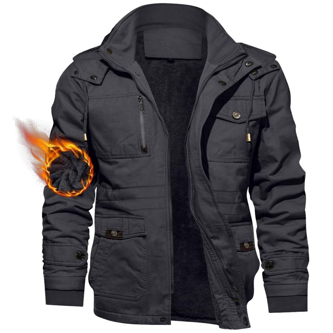 Men's fleece-lined windproof winter jacket with detachable hood and cargo pockets for outdoor warmth