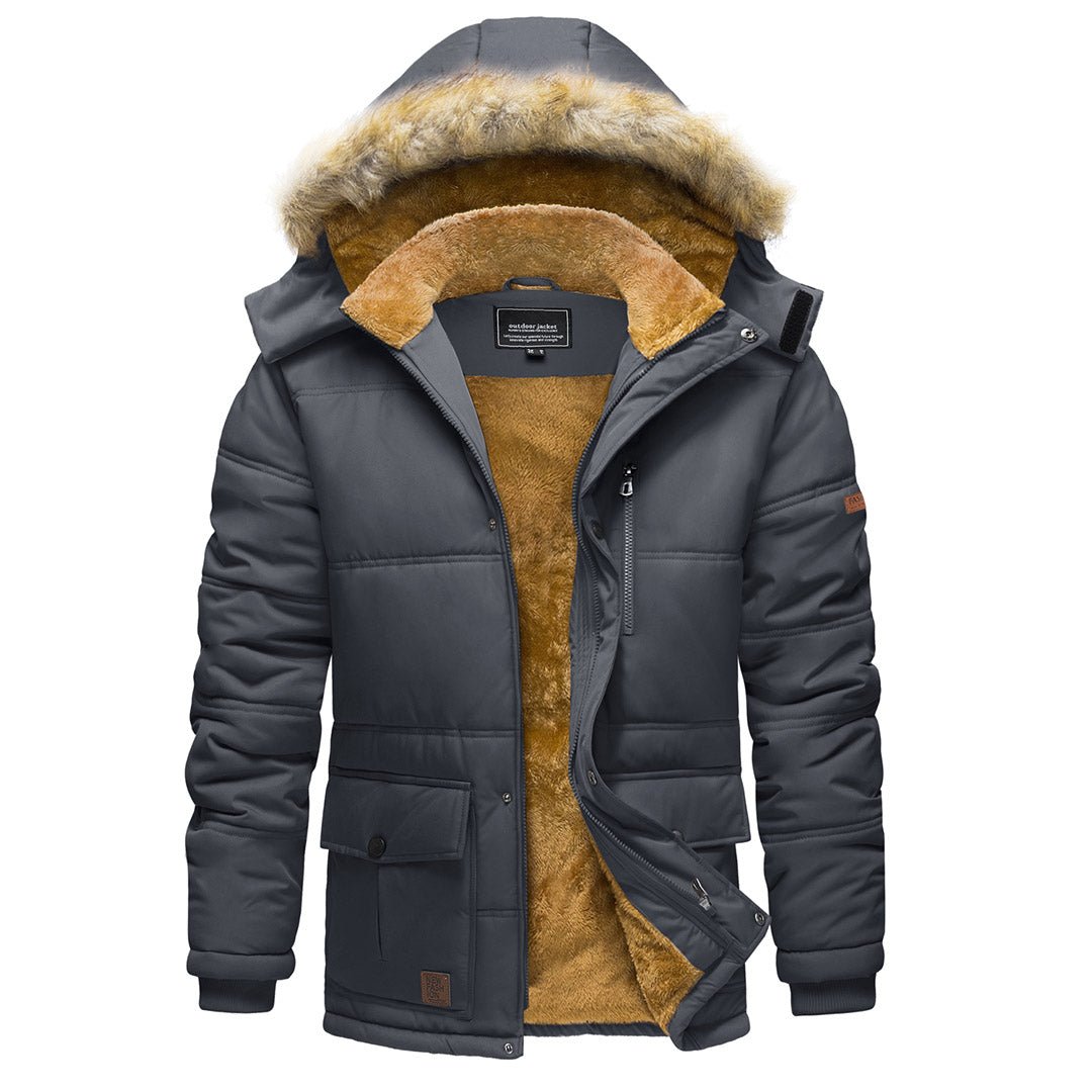 Men's hooded windproof winter jacket black fleece-lined water-repellent outdoor cold weather coat