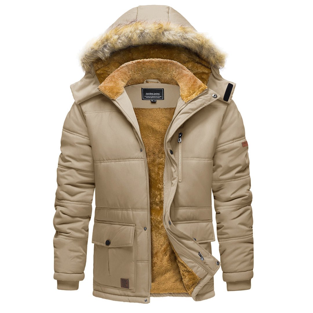 Men's hooded windproof winter jacket navy blue slim fit with plush fleece lining for outdoor adventures