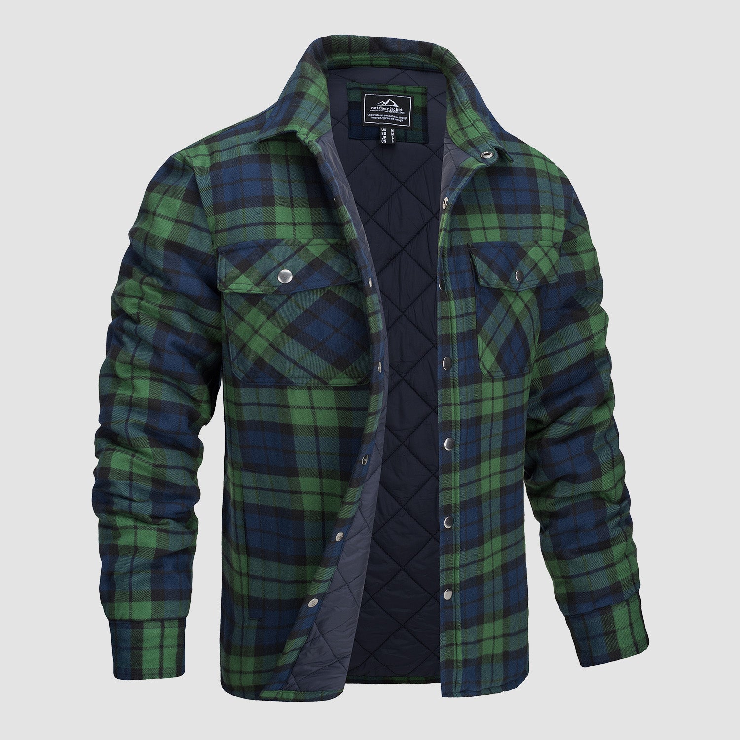 Men's quilted flannel jacket warm padded lining windproof breathable cold weather outdoor comfort