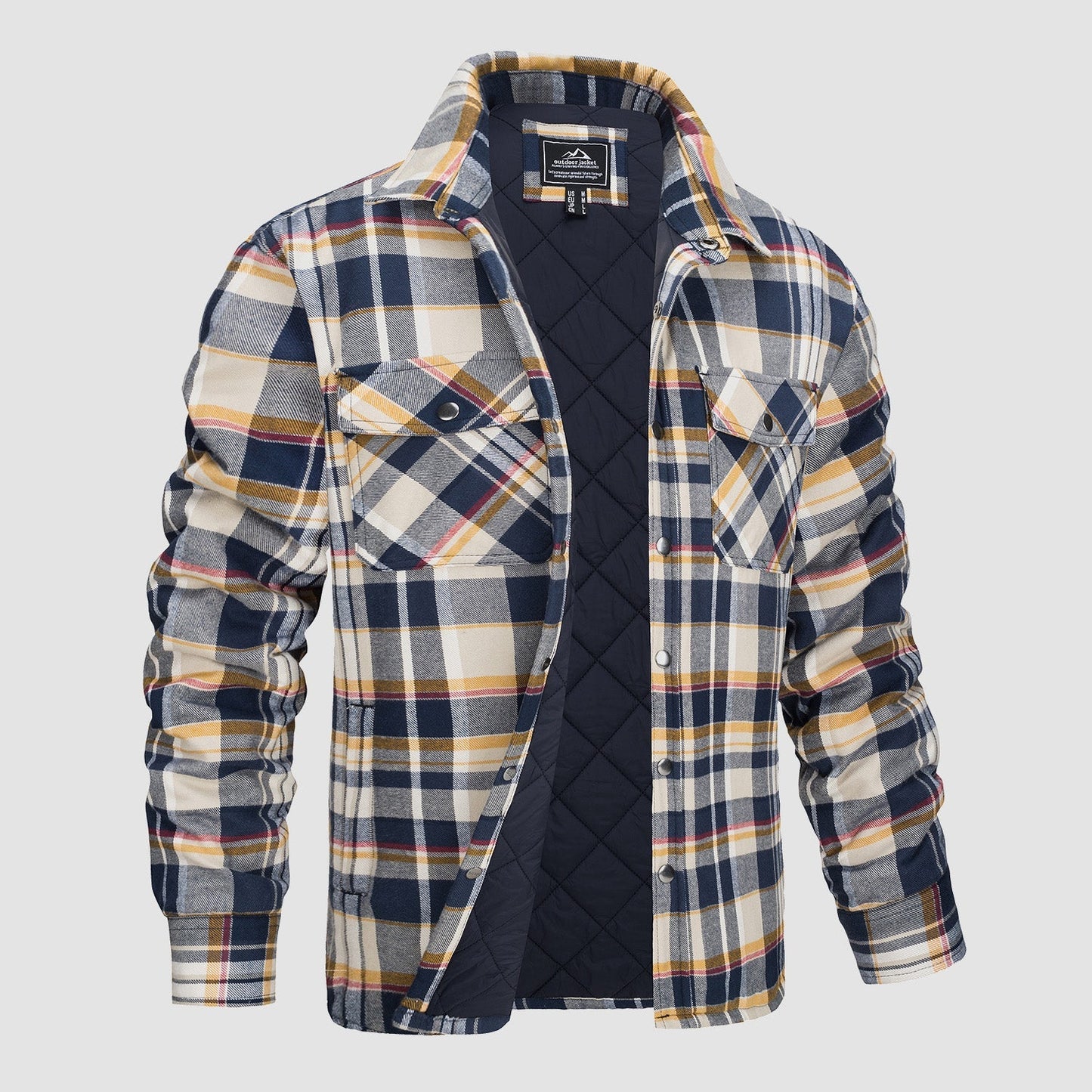 Men's quilted flannel jacket warm padded lining windproof breathable cotton shell cold weather comfort