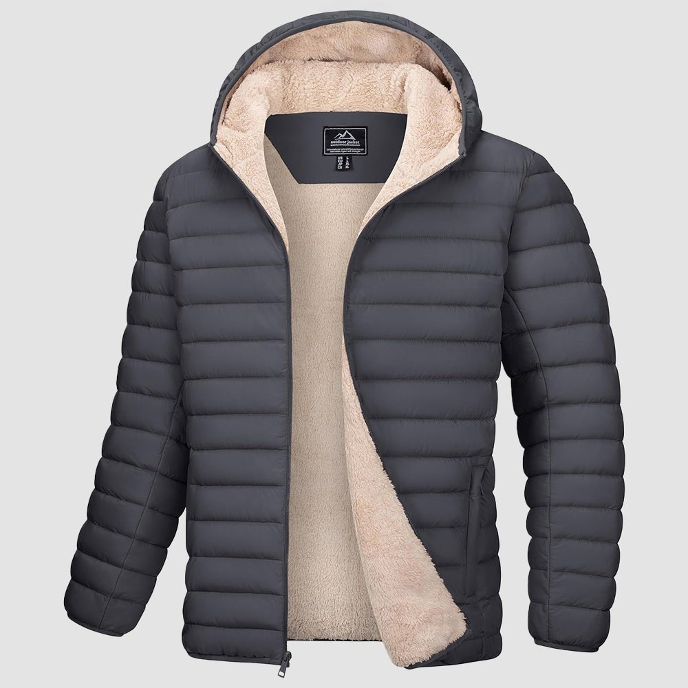Men's hooded winter puffer jacket navy blue water-resistant fleece-lined coat windproof insulation