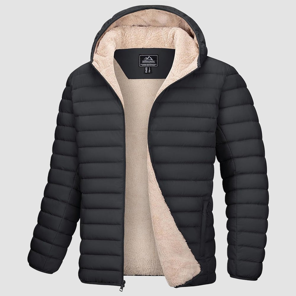 Men's hooded navy puffer jacket fleece-lined water-resistant windproof winter coat with quilted insulation