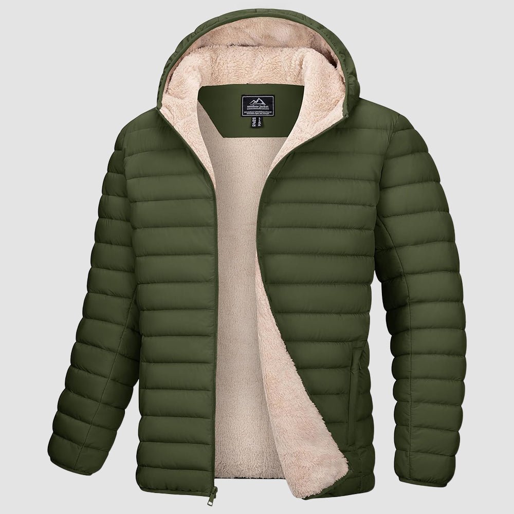Men's hooded navy puffer jacket fleece-lined water-resistant windproof winter coat with quilted insulation