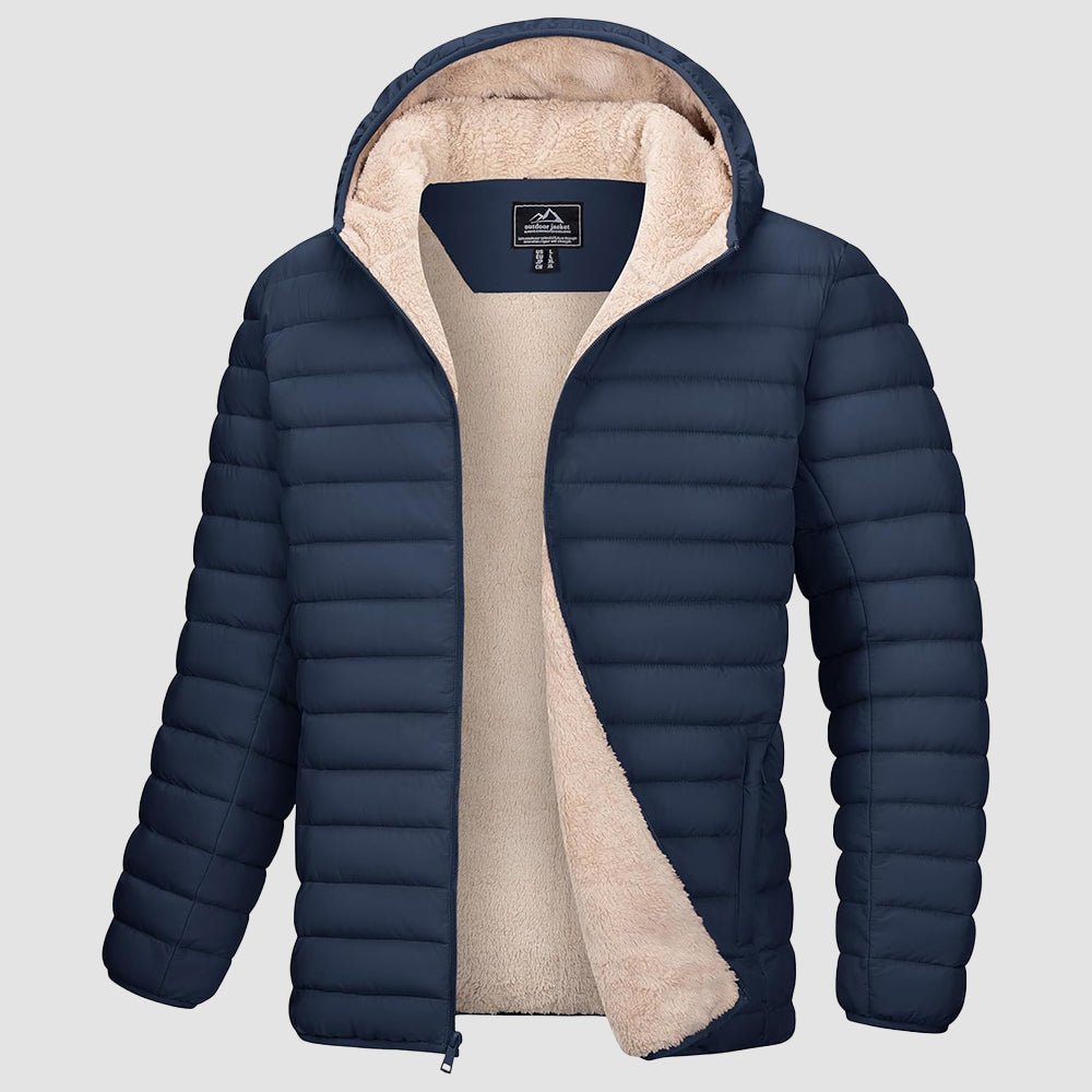 Men's navy hooded puffer jacket, water-resistant windproof coat with warm fleece lining for winter