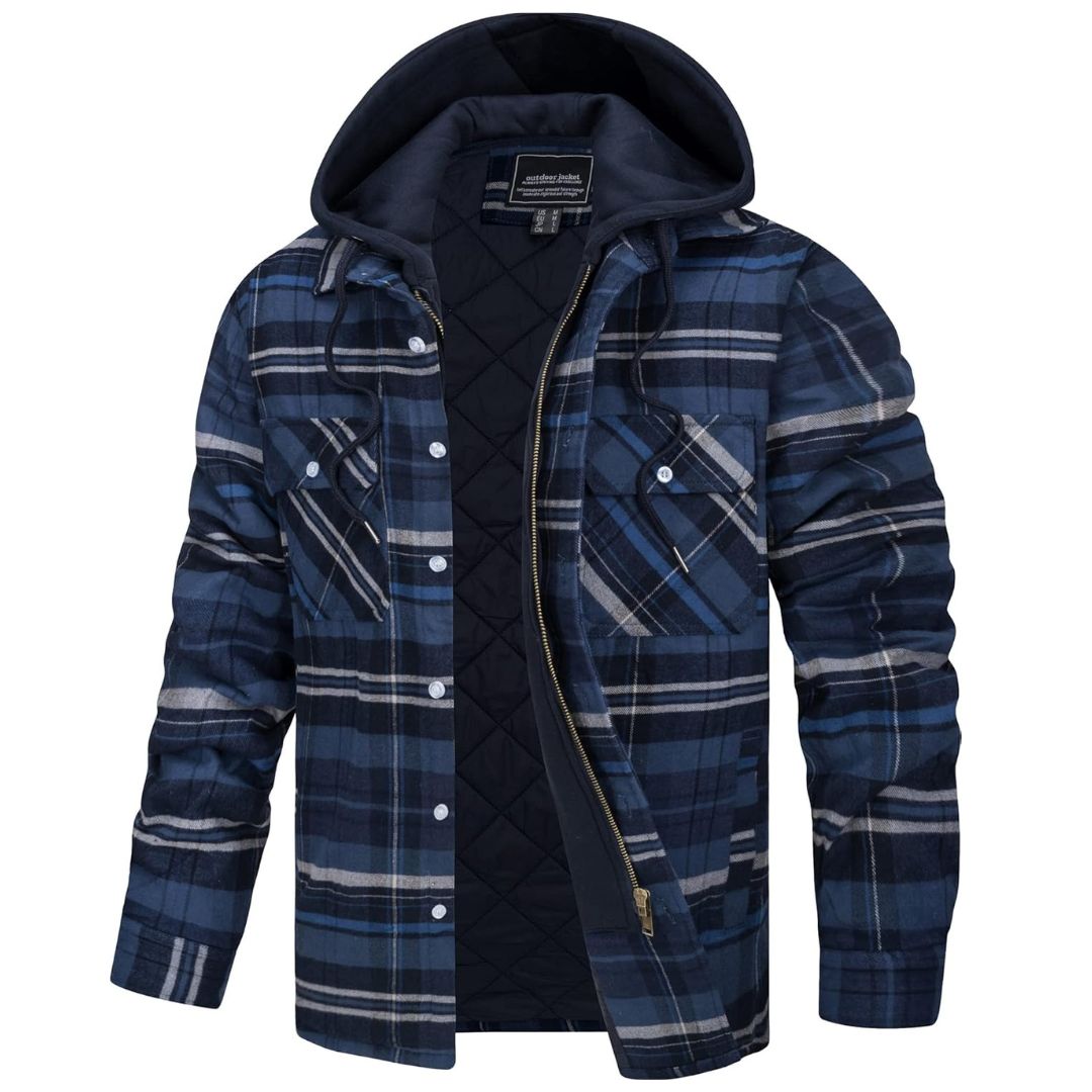Men's quilted flannel zip shirt plaid pattern detachable hood ultra-warm outdoor winter layering