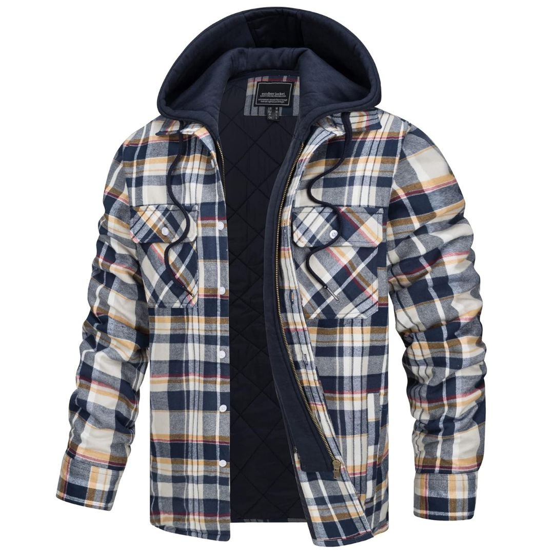 Men's quilted flannel zip shirt in plaid with detachable hood, warm winter outdoor style