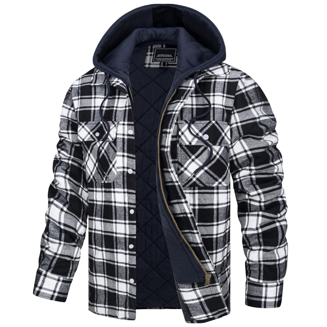 Men's quilted flannel zip shirt plaid pattern detachable hood ultra-warm outdoor winter layer