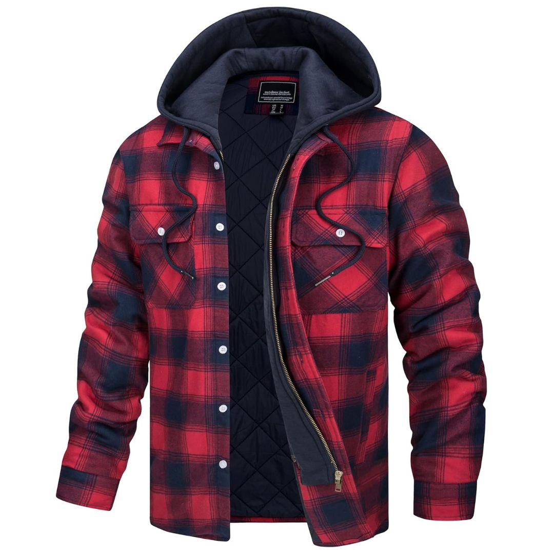 Men's quilted plaid flannel zip shirt with detachable hood, thick warm outdoor winter layer