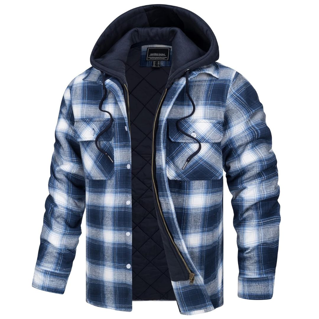 Men's quilted flannel zip shirt in plaid with detachable hood, warm winter outdoor style