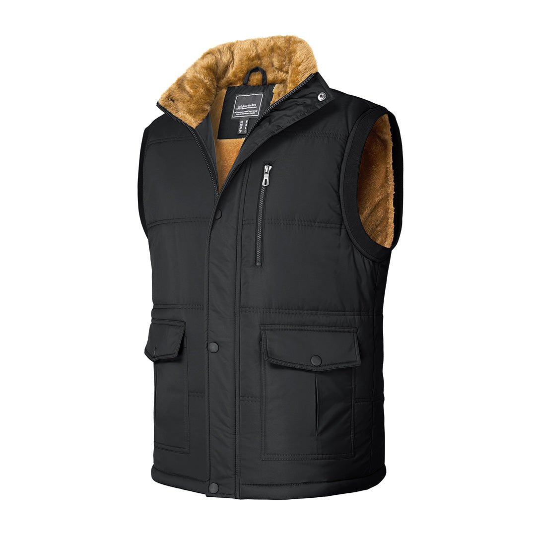 Men's padded sleeveless vest jacket with fleece lining, stand collar, windproof outdoor hiking layer