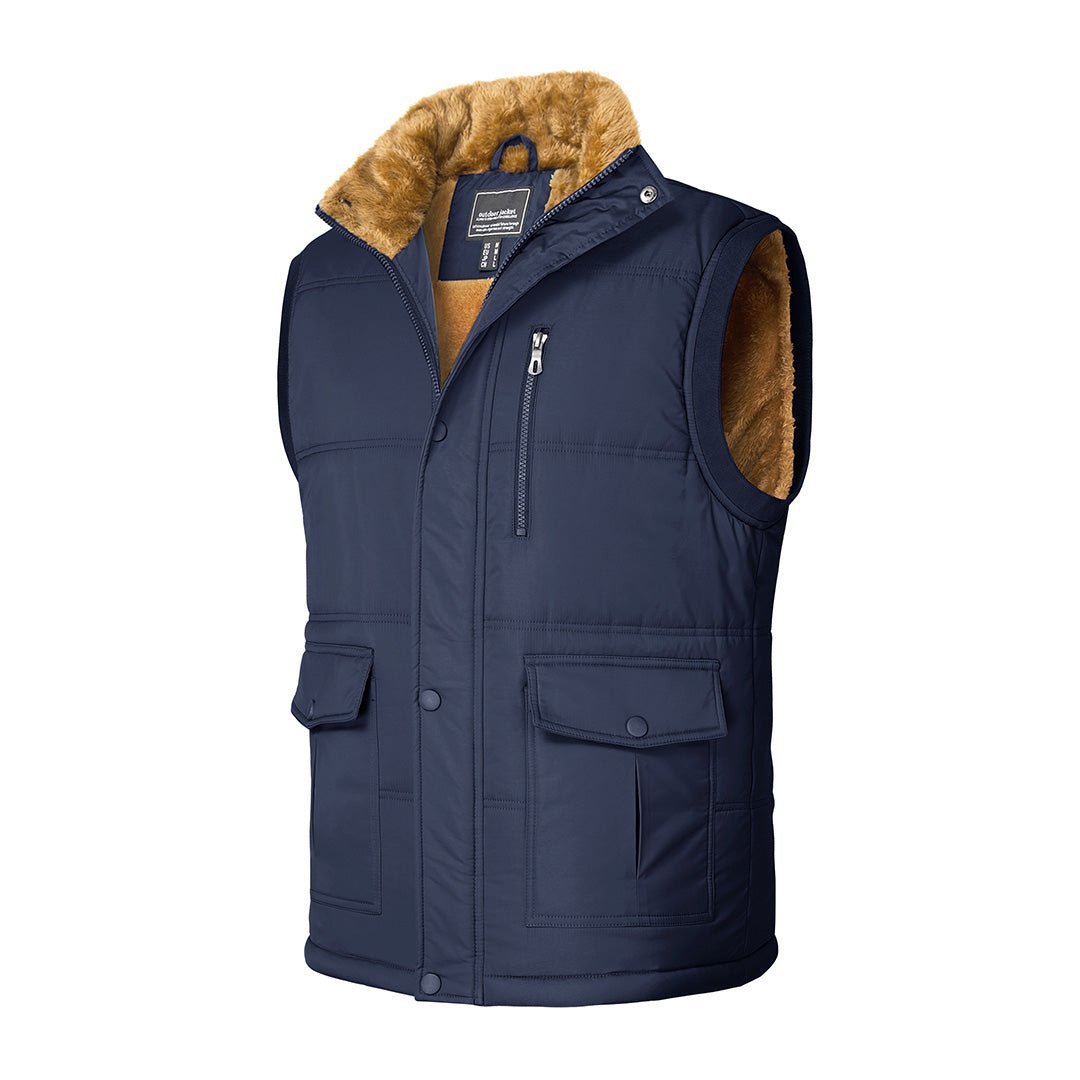 Men's winter padded sleeveless vest jacket with fleece lining, stand collar, windproof hiking outdoor layer