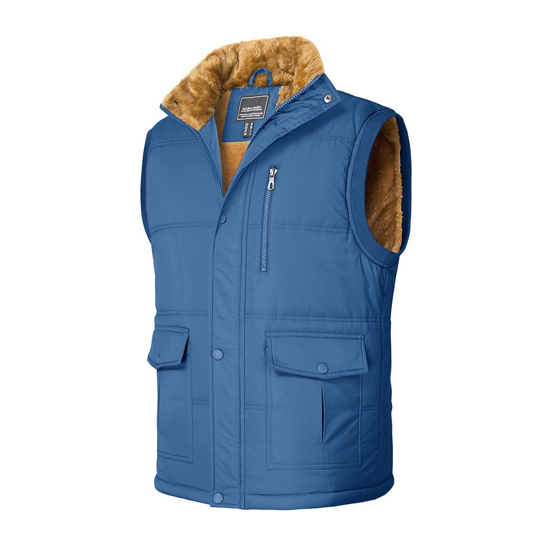 Men's winter padded sleeveless vest jacket with fleece lining, stand collar, windproof outdoor hiking