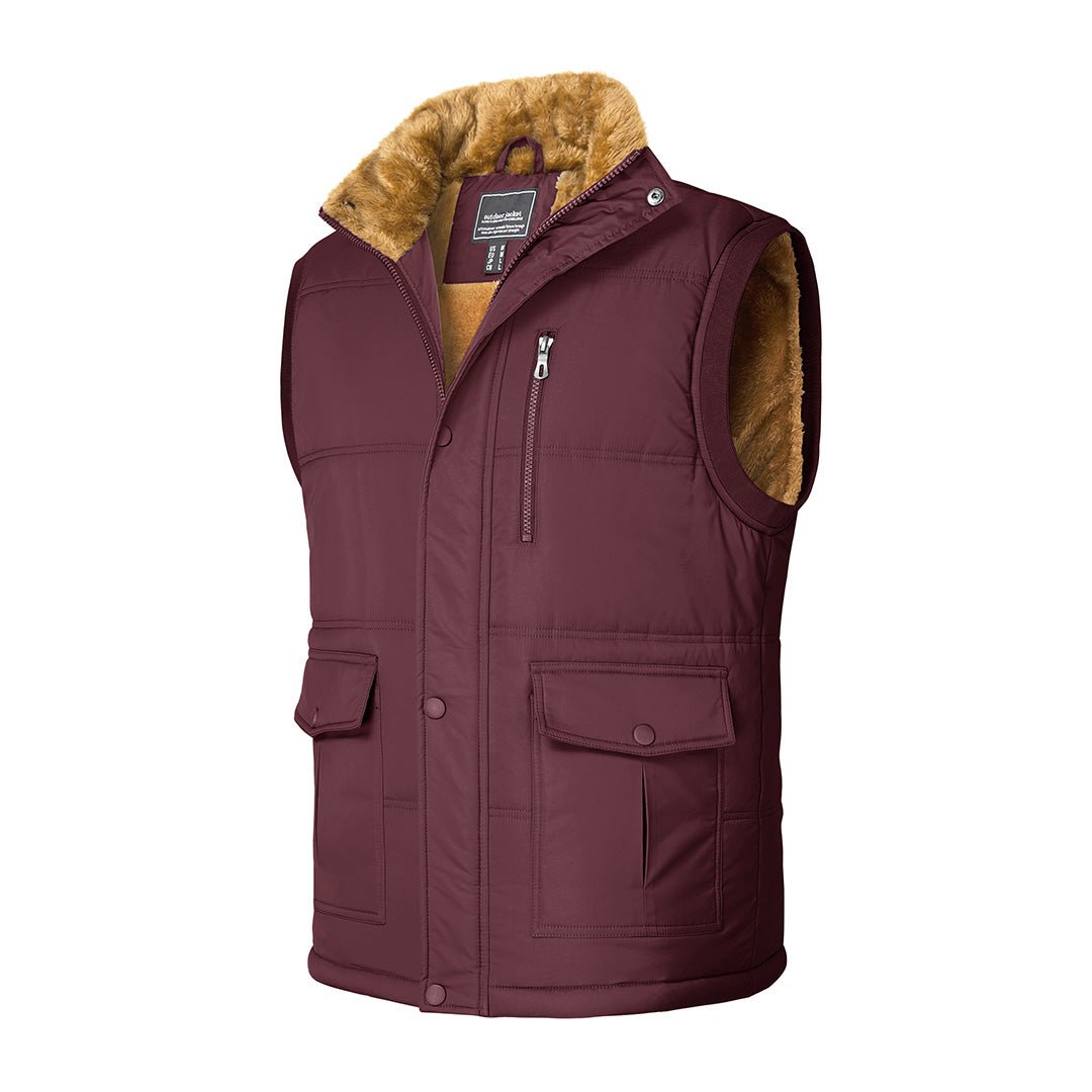 Men's padded sleeveless vest jacket with fleece lining, stand collar, windproof outdoor hiking layer