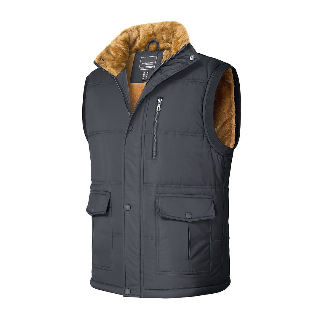 Men's winter padded sleeveless vest jacket with fleece lining, stand collar, windproof outdoor hiking layer