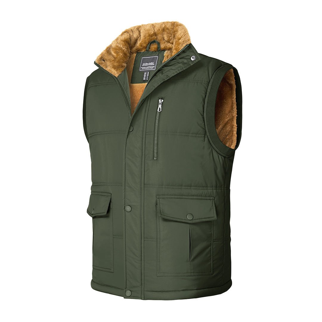 Men's padded sleeveless vest jacket with fleece lining, stand collar, windproof winter outdoor style