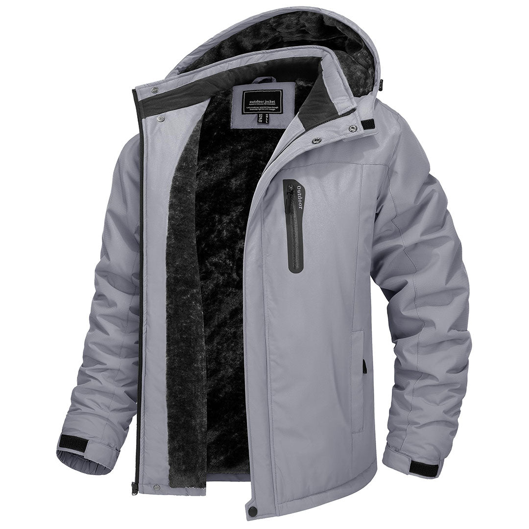 Men's windproof fleece-lined winter jacket, water-resistant with detachable storm hood for outdoor adventures