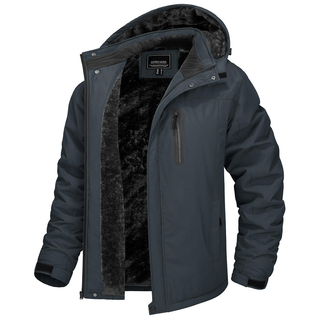 Men's windproof fleece-lined winter jacket, slim fit, water-resistant with detachable storm hood