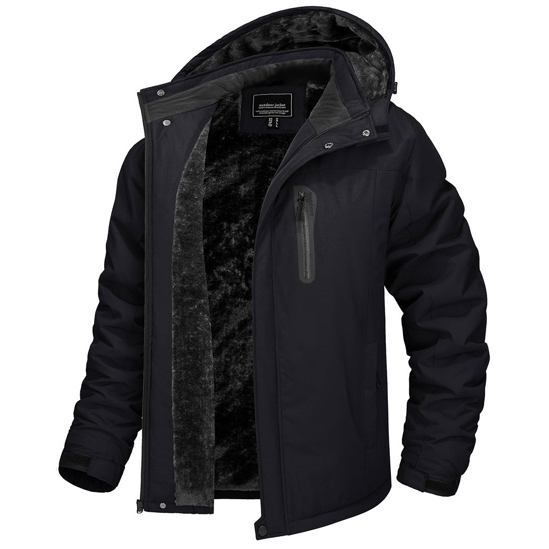 Men's windproof fleece-lined winter jacket water-resistant detachable storm hood outdoor adventure coat