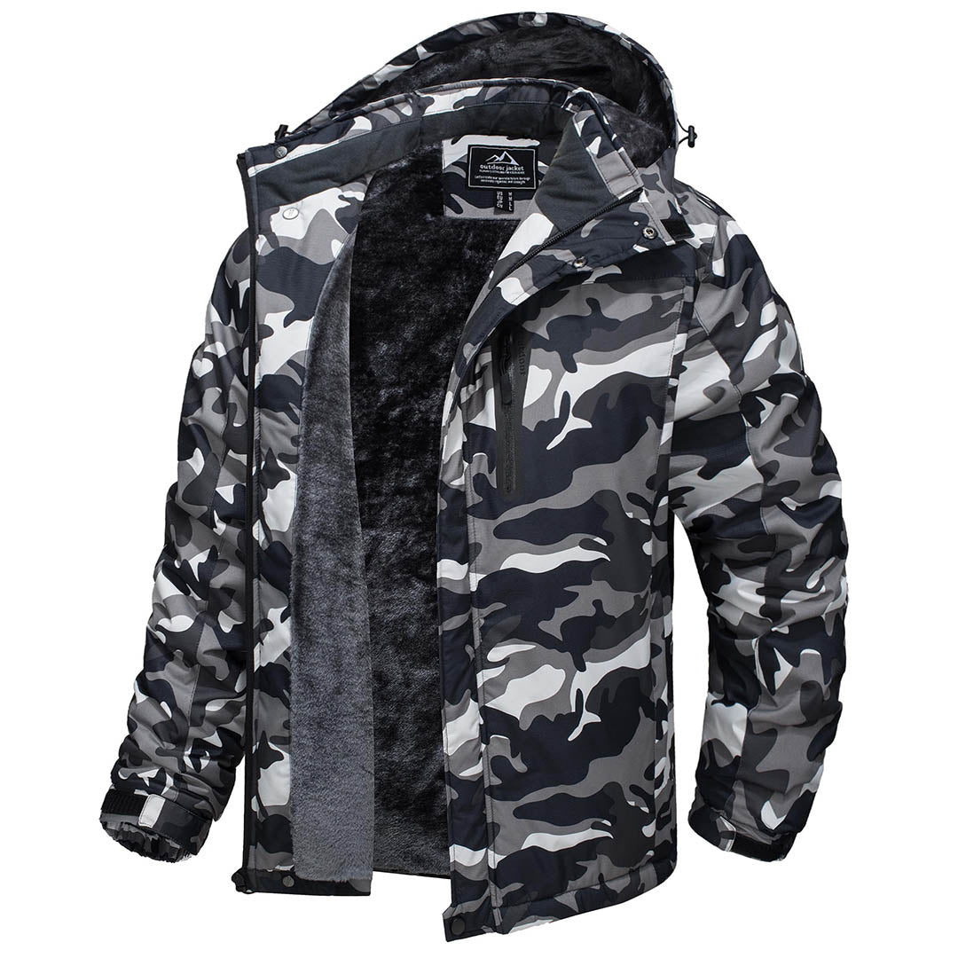 Men's windproof fleece-lined winter jacket navy blue slim fit with detachable storm hood