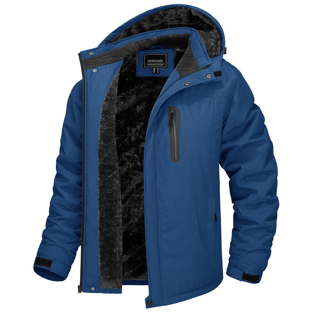 Men's windproof fleece-lined winter jacket with detachable storm hood, water-resistant outdoor fit
