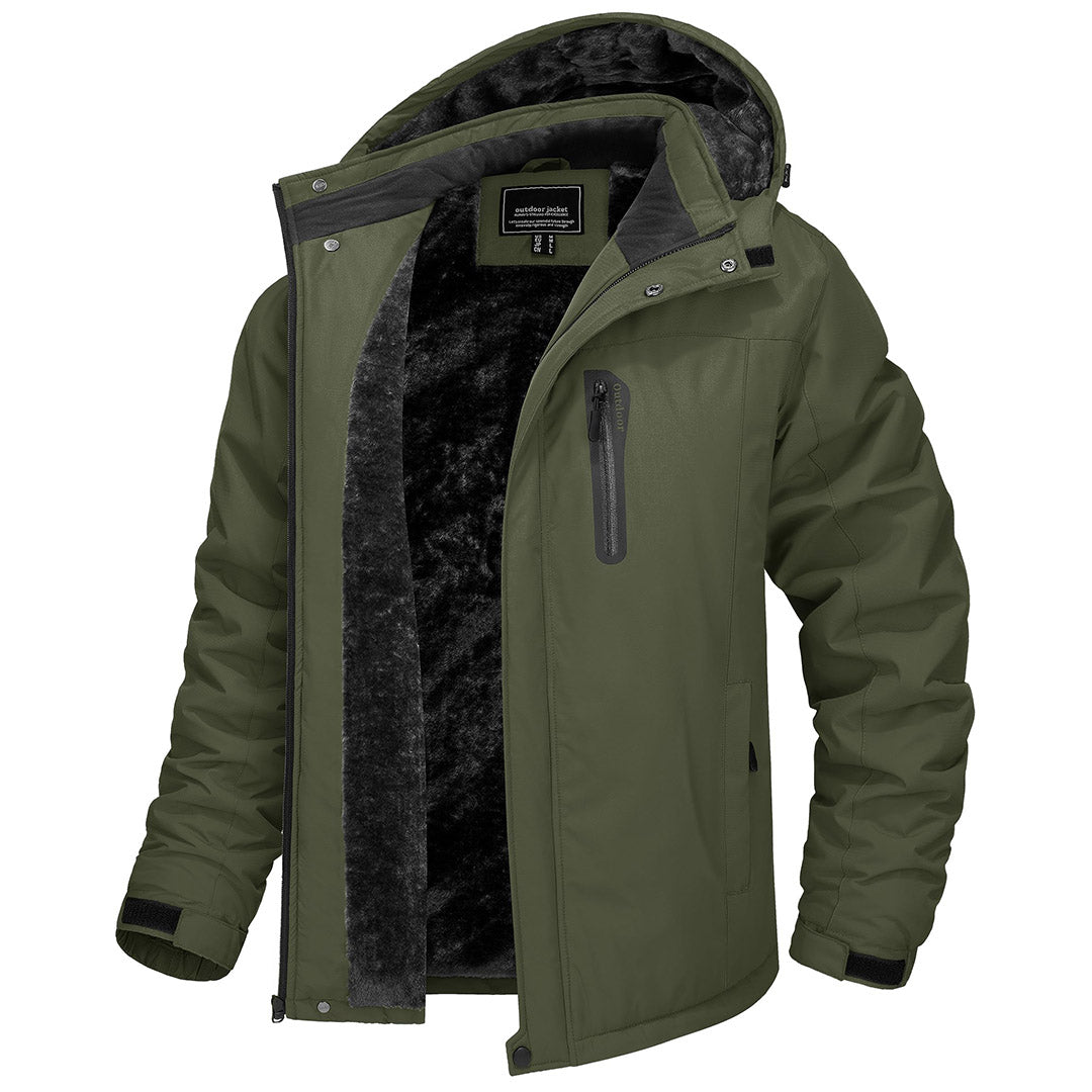 Men's windproof fleece-lined winter jacket, water-resistant with detachable storm hood for outdoor adventures
