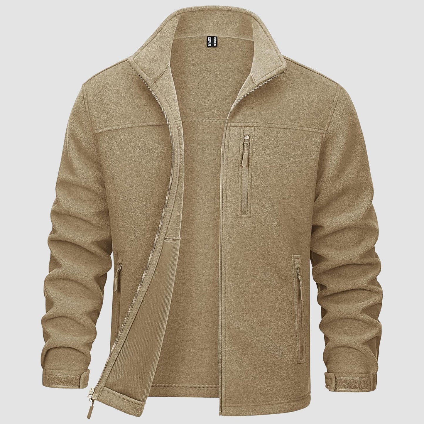 Men's gray full-zip fleece jacket with 3 pockets, mid-weight polyester for hiking and outdoor use