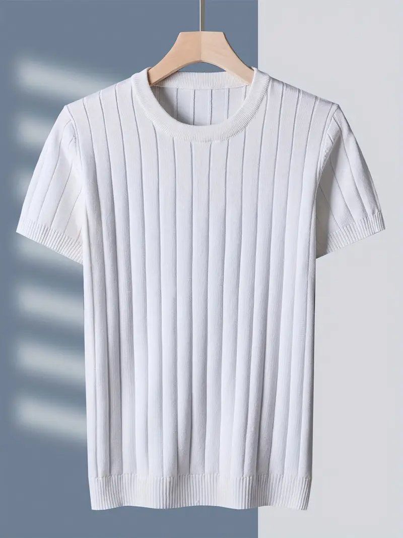Men's ribbed ice silk tee in neutral tone, slim-fit everyday shirt with subtle stripe texture