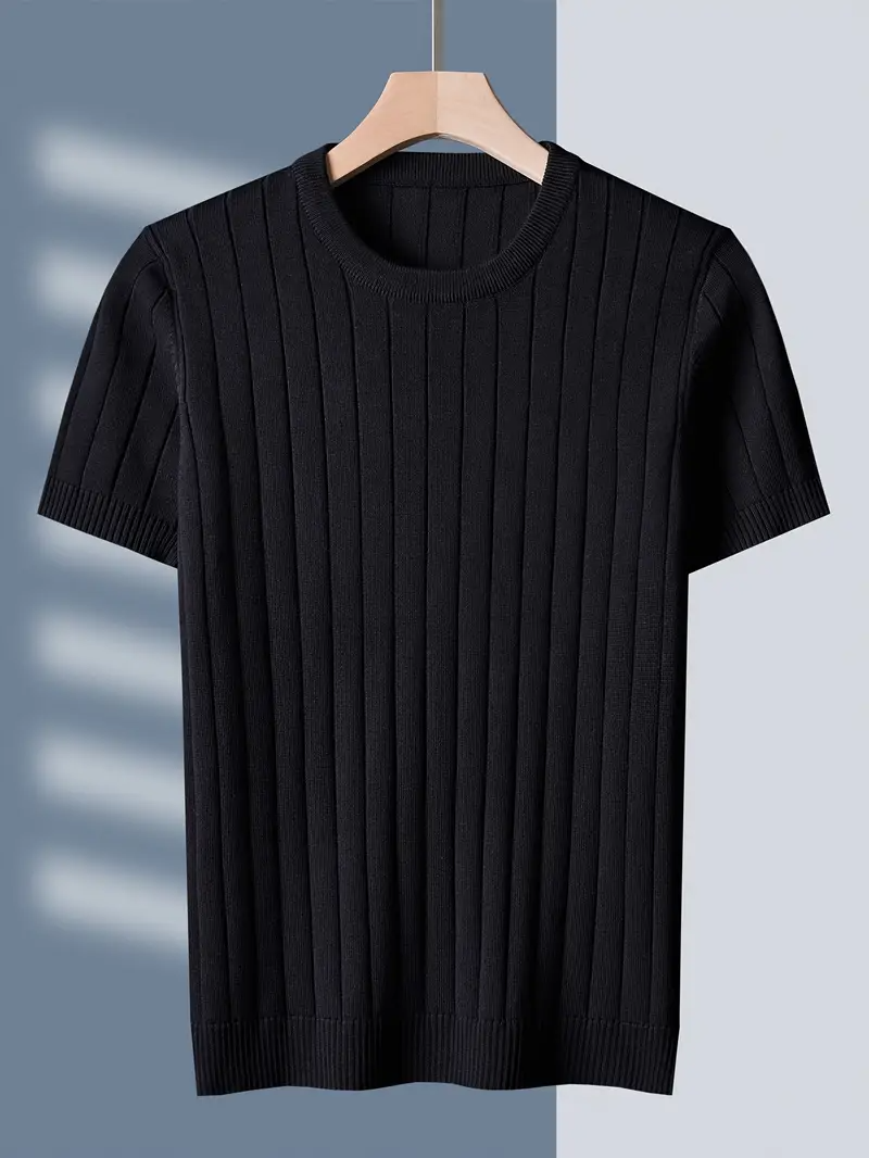 Men's ribbed ice silk tee in neutral tone, breathable slim-fit everyday shirt with subtle stripe texture