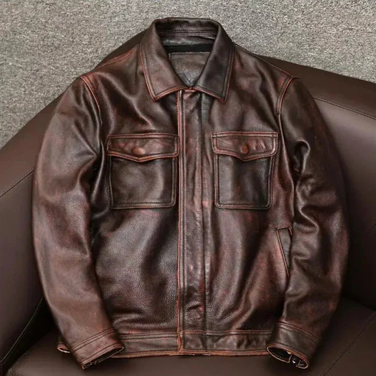 Brown vintage genuine leather jacket with patina finish, hidden zipper, and breathable cotton lining