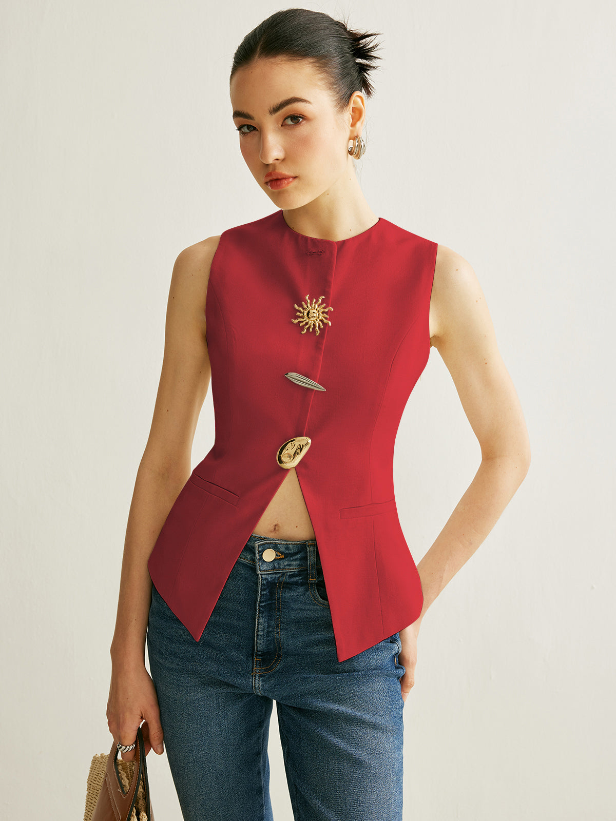 Women's elegant linen blend split vest with metal detail accent, sleeveless, invisible zipper, versatile fit