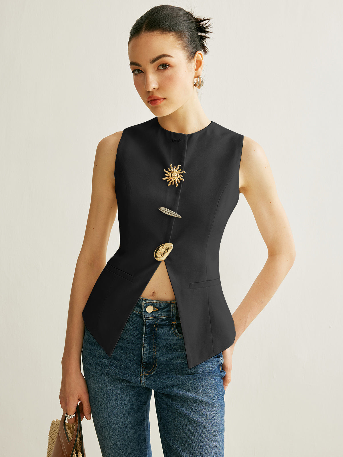 Women's elegant linen blend sleeveless vest with metal detail accent, split hem, and invisible zipper