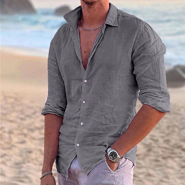 Men's white lightweight linen-blend long sleeve button-up shirt breathable spring summer casual fit