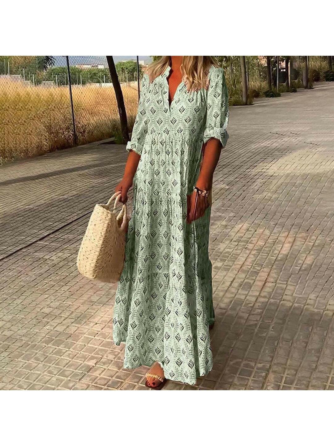 Women's boho maxi dress flattering V-neck lightweight full-length silhouette bohemian style