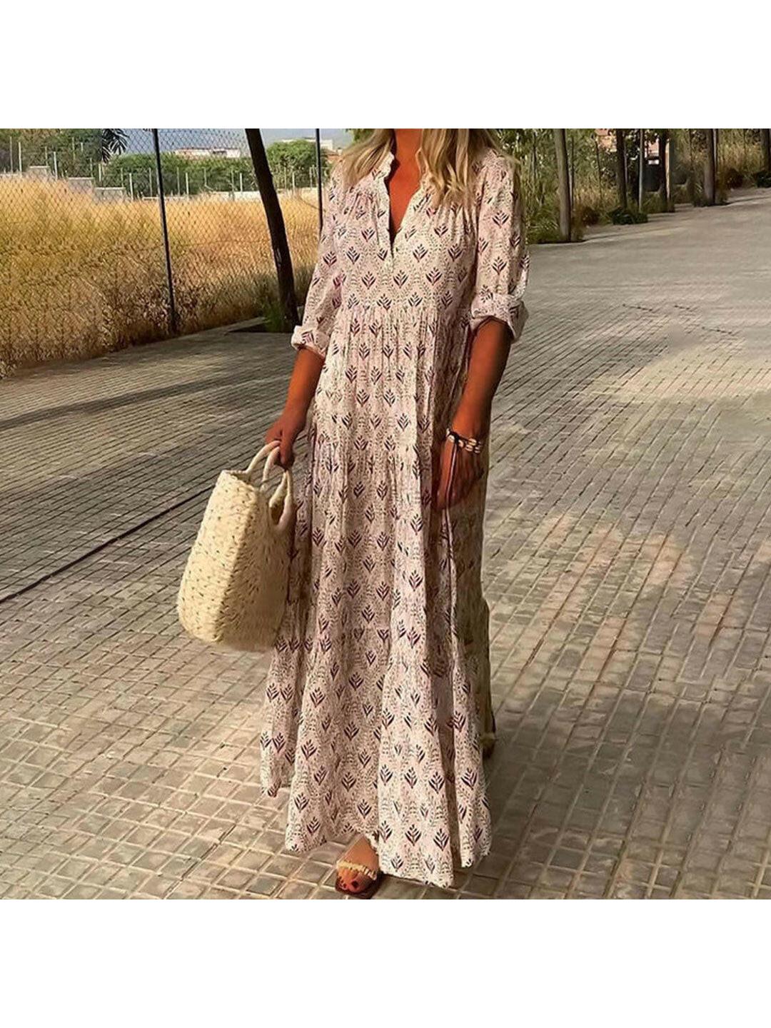 Women's boho maxi dress flattering V-neck full-length silhouette lightweight bohemian style