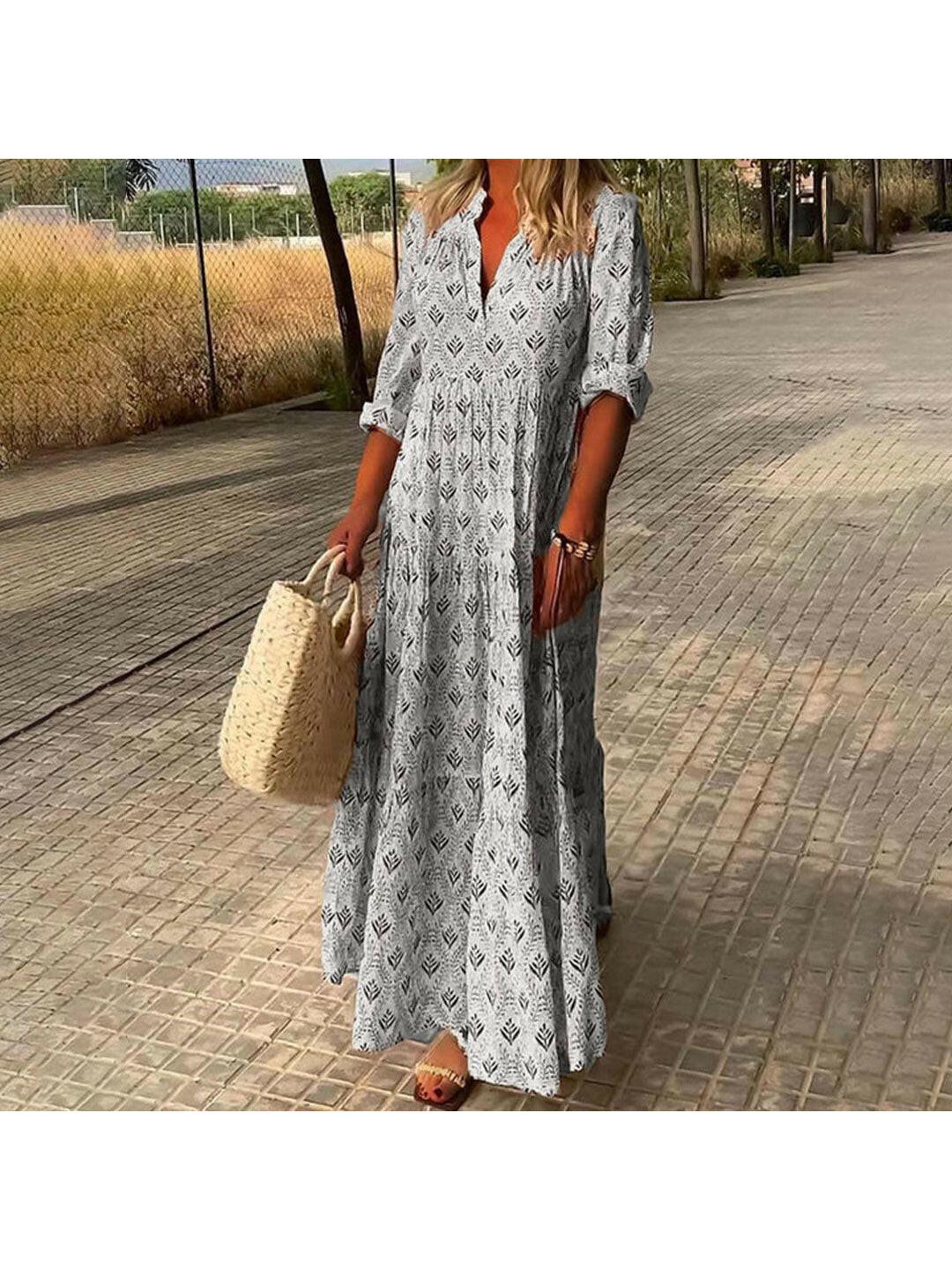 Women's boho maxi dress flattering V-neck lightweight full-length silhouette bohemian style