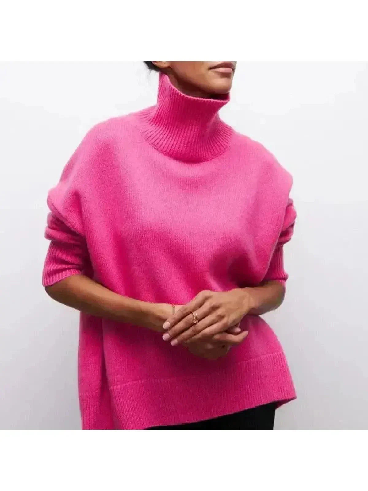 Women's oversized turtleneck sweater cozy cotton-blend knit layering style in neutral tones